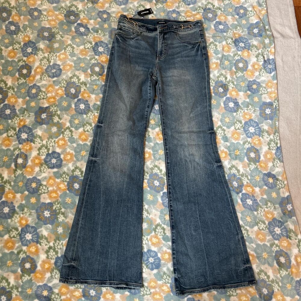 Express '70s Flare Mid rise Navy blue  jeans with gold detail women's 4R